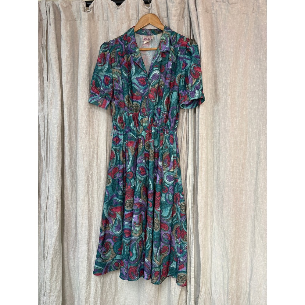 California Looks Vintage Paisley Midi Dress Teal Purple Pink 14P Made in USA